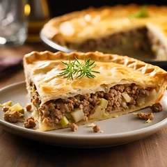 Fotobehang Traditional homemade Tourtiere with meat and vegetables on a wooden background. AI Generative © narokzaad