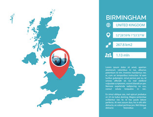 UK Birmingham map shape vector infographics template. Modern United Kingdom, West Midlands, England city data statistic illustration, graphic, layout - obrazy, fototapety, plakaty