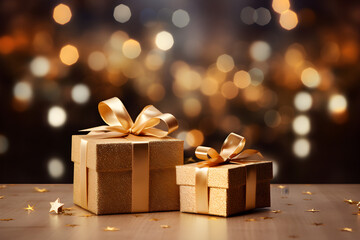 3D illustration of Christmas gift boxes and bokeh lights,