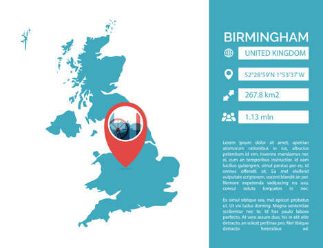 UK Birmingham map shape vector infographics template. Modern United Kingdom, West Midlands, England city data statistic illustration, graphic, layout