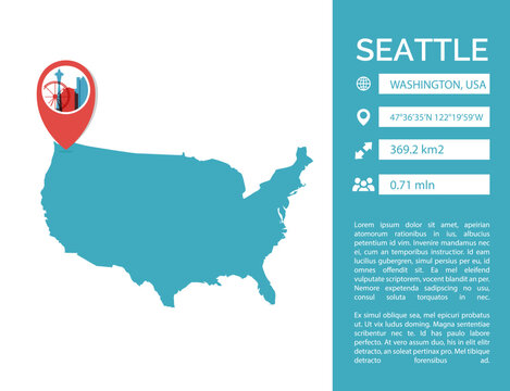 USA Seattle map shape vector infographics template. Modern United States of America, Washington state city data statistic illustration, graphic, layout