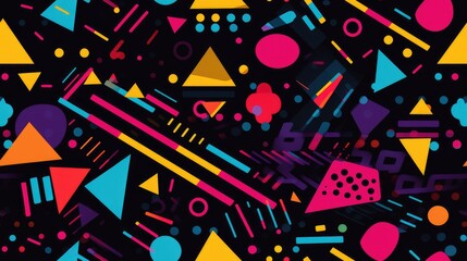 1970s-inspired seamless repeatable pattern featuring bright, high-contrast neon colors. Ideal for use as a tile, creating an infinite and vibrant background or pattern for a retro and energetic aesthe
