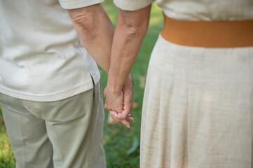 Close-up image of lovely senior couples are holding hands while walking in the park together.