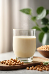 Glass of soy milk with soy beans on white table.
