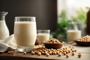Glass of soy milk with soy beans on white table.