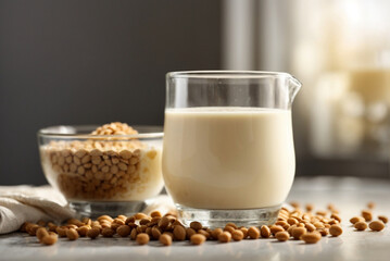 Glass of soy milk with soy beans on white table.