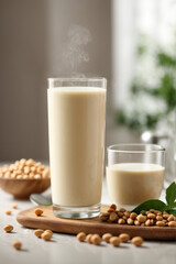 Glass of soy milk with soy beans on white table.