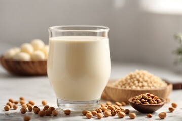 Glass of soy milk with soy beans on white table.