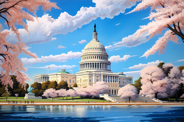 Capitol Bulilding in Washington, DC with cherry blossoms fantasy optomistic spring illustration - obrazy, fototapety, plakaty