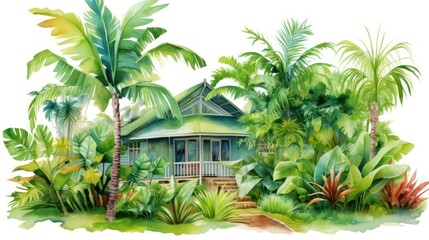 Fototapeta premium Watercolor village with a small house in the forest. Beautiful cozy home in nature