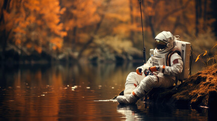 astronaut fishing by the river - obrazy, fototapety, plakaty