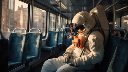 astronaut sitting on the bus - obrazy, fototapety, plakaty