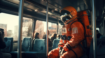 Fototapeta na wymiar astronaut sitting on the bus