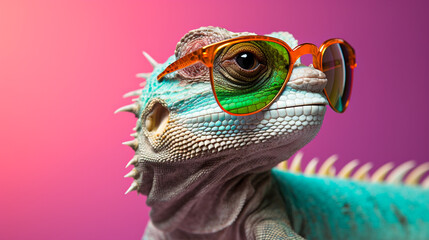 close up of a lizard,Stylish chameleon wearing sunglasses