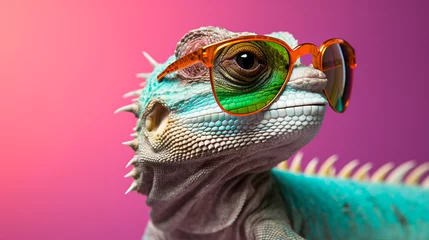 Foto auf Alu-Dibond close up of a lizard,Stylish chameleon wearing sunglasses © Hwang