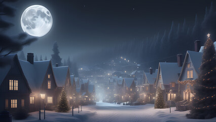 christmas, winter, snow, tree, house, holiday, landscape, xmas, night, illustration, season, vector, card, celebration, snowflake, village, cold, sky, scene, decoration, home, star, new, nature, chris