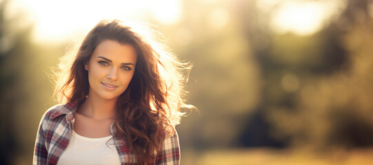 Fototapeta premium Backlit portrait of a gorgeous brunette young woman looking at the camera smiling