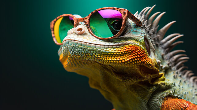 close up of a lizard,Stylish chameleon wearing sunglasses
