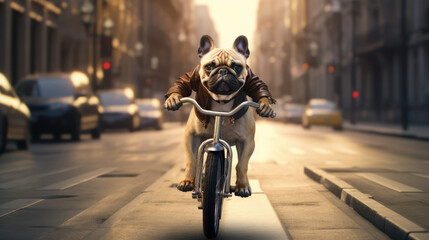 dog riding a bicycle in the city