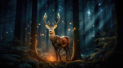 glowing deer in pine forest - obrazy, fototapety, plakaty