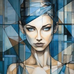 Artistic representation of a woman in an abstract mosaic, modern, contemporary, and cubism style, great for wall decor, print design, and art posters.