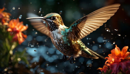 Fototapeta premium Hummingbird flying, vibrant feathers, nature beauty in motion generated by AI