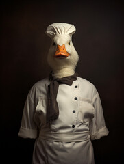 An Anthropomorphic Duck Dressed Up like a Chef Wearing an Apron