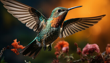 Naklejka premium Hummingbird flying, vibrant feathers, perched on branch, pollinating flowers generated by AI