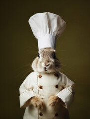 An Anthropomorphic Rabbit Dressed Up like a Chef Wearing an Apron