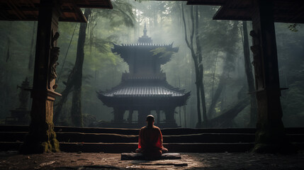 禅の森: 仏教徒が森で瞑想する優雅なイラスト, AI Generative