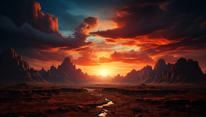 Majestic mountain peak reflects tranquil sunset on rocky coastline generated by AI