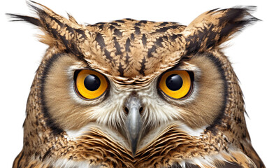 Portrait Cute Wise Owls Mesmerizing Eyes Depicting Isolated on Transparent Background PNG.