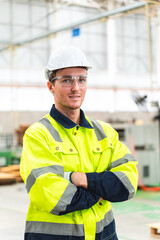 Professional male caucasian engineer or manufacturing worker man person in factory portrait, smart...