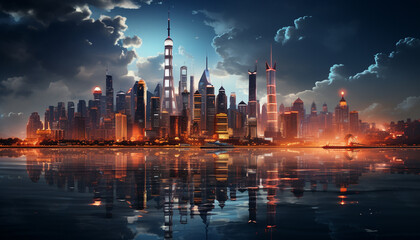 Fototapeta na wymiar Modern city skyline reflects in the dark blue waterfront at dusk generated by AI