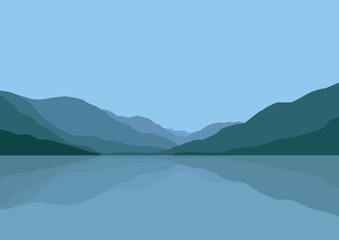 Lake and mountains landscape. Vector illustration in flat style.
