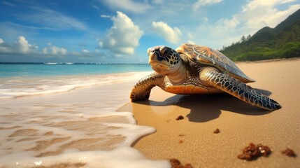 Photo of a turtle tortoise on the beach. The turtle is walking on the sandy shore in the morning