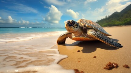 Obraz premium Photo of a turtle tortoise on the beach. The turtle is walking on the sandy shore in the morning
