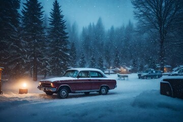Fototapeta na wymiar Watching the snow fall through a window in a cozy, warm car
