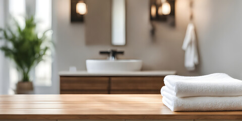 Wooden tabletop counter with a towel. out of focus bathroom. copy space