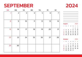September 2024 Calendar. Week start on Sunday. Desk calendar 2024 design, simple and clean design, Wall calendar for print, digital calendar, Corporate design planner template vector.