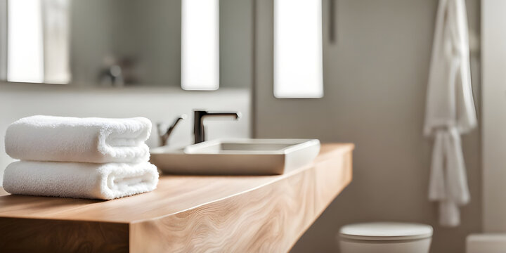 Wooden Tabletop Counter With A Towel. Out Of Focus Bathroom. Copy Space