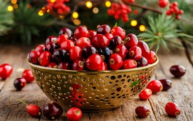 A festive display of cranberries in a decorative bowl, adding a pop of vibrant red to the holiday setting