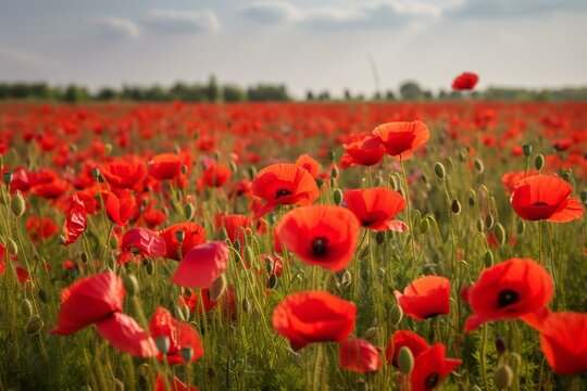 image of vibrant red poppies in a field. Generative AI