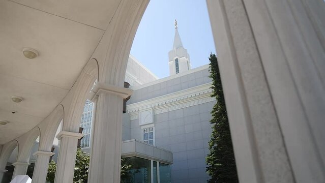 Arch Pillars In The Building Of Bountiful Utah Temple, The Church of Jesus Christ of Latter-day Saints, slow pan up shot