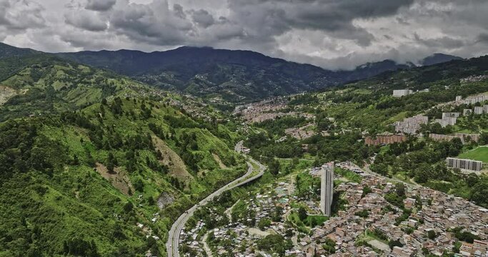Medellin Colombia Aerial v25 panning view drone flyover Mirador El Cristo capturing hillside residential cityscape across San Cristobal and Comuna 7 Robledo - Shot with Mavic 3 Cine - November 2022