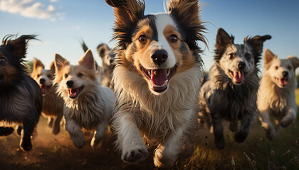 Cute puppies playing outdoors, running and herding sheep, pure joy generated by AI