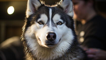 Cute puppy sitting outdoors, looking at camera with loyalty generated by AI