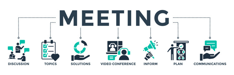 Meeting banner web icon vector illustration for business meeting and discussion with communications, topics, solutions, plan, inform and video conference icon - obrazy, fototapety, plakaty