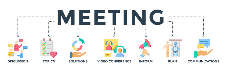 Meeting banner web icon vector illustration for business meeting and discussion with communications, topics, solutions, plan, inform and video conference icon