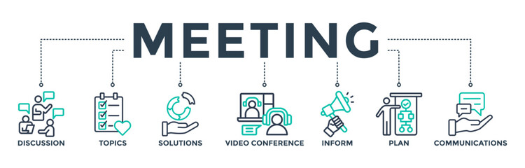 Meeting banner web icon vector illustration for business meeting and discussion with communications, topics, solutions, plan, inform and video conference icon - obrazy, fototapety, plakaty
